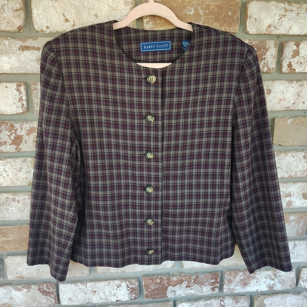 Karen Scott Women's Multicolor Plaid Button Down Blazer Jacket Sz 12 Academia